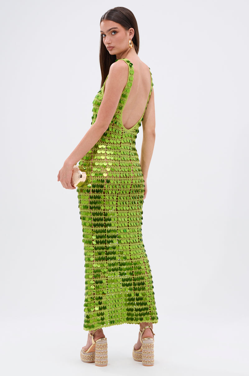 SHINE BRIGHT CROCHET SEQUIN MAXI DRESS IN GREEN
