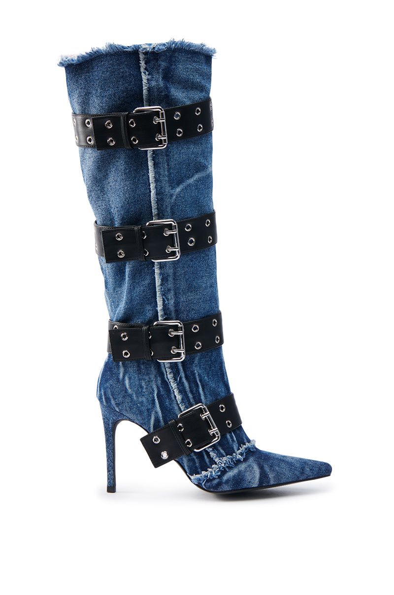 AZALEA WANG DANDY DENIM LEATHER BELTED BOOT