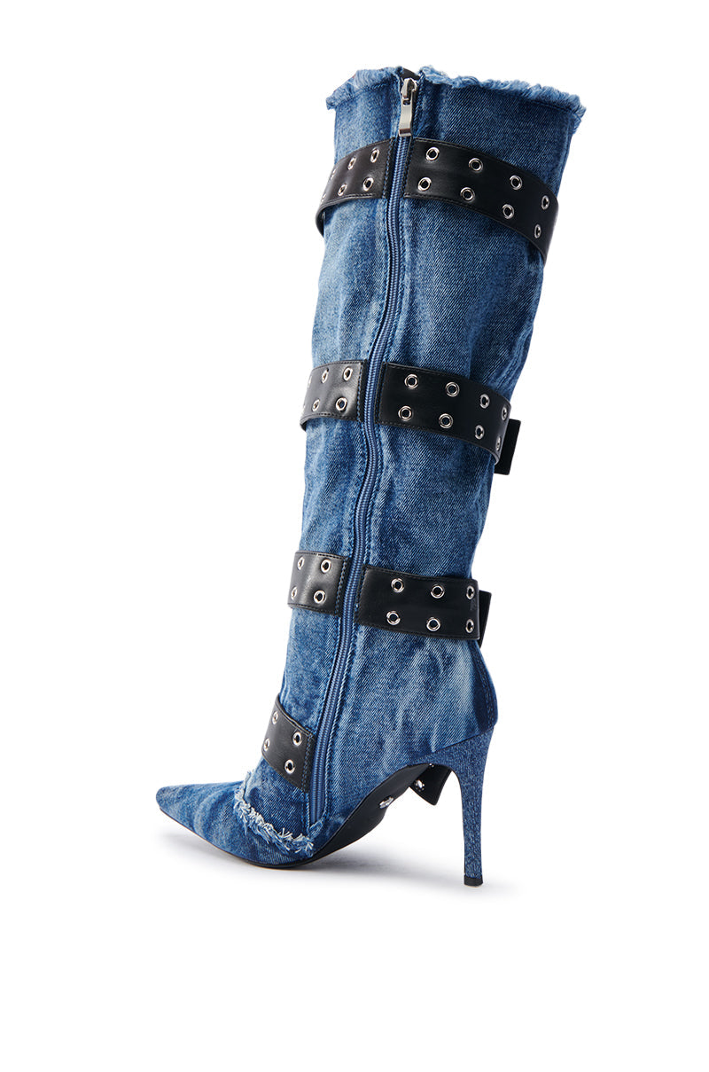 AZALEA WANG DANDY DENIM LEATHER BELTED BOOT