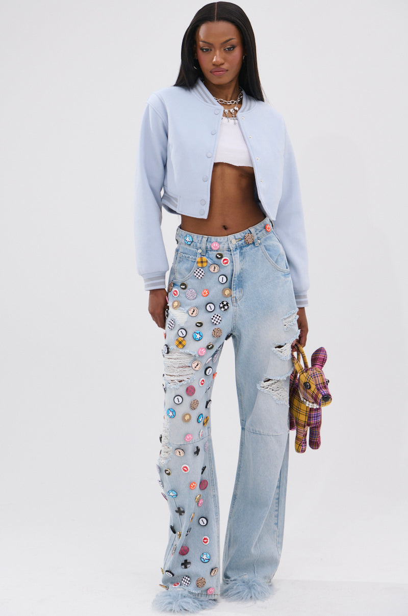 DAVIS EVERYDAY VARSITY BOMBER IN LIGHT BLUE