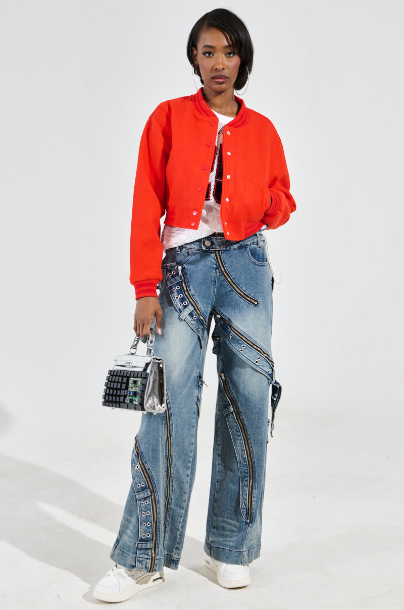 DAVIS EVERYDAY VARSITY BOMBER IN RED