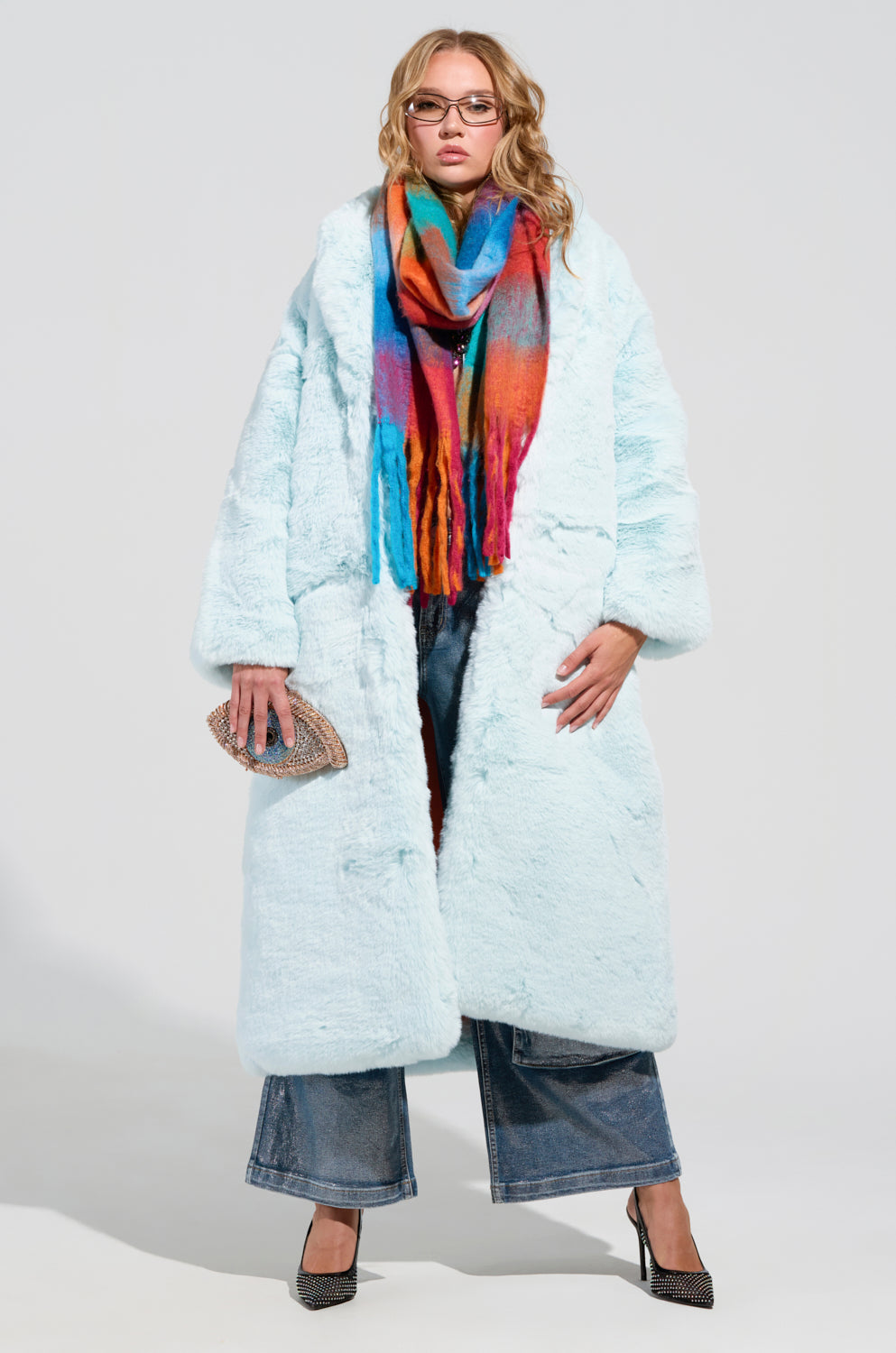 DAYANNE FAUX FUR TRENCH IN LIGHT BLUE