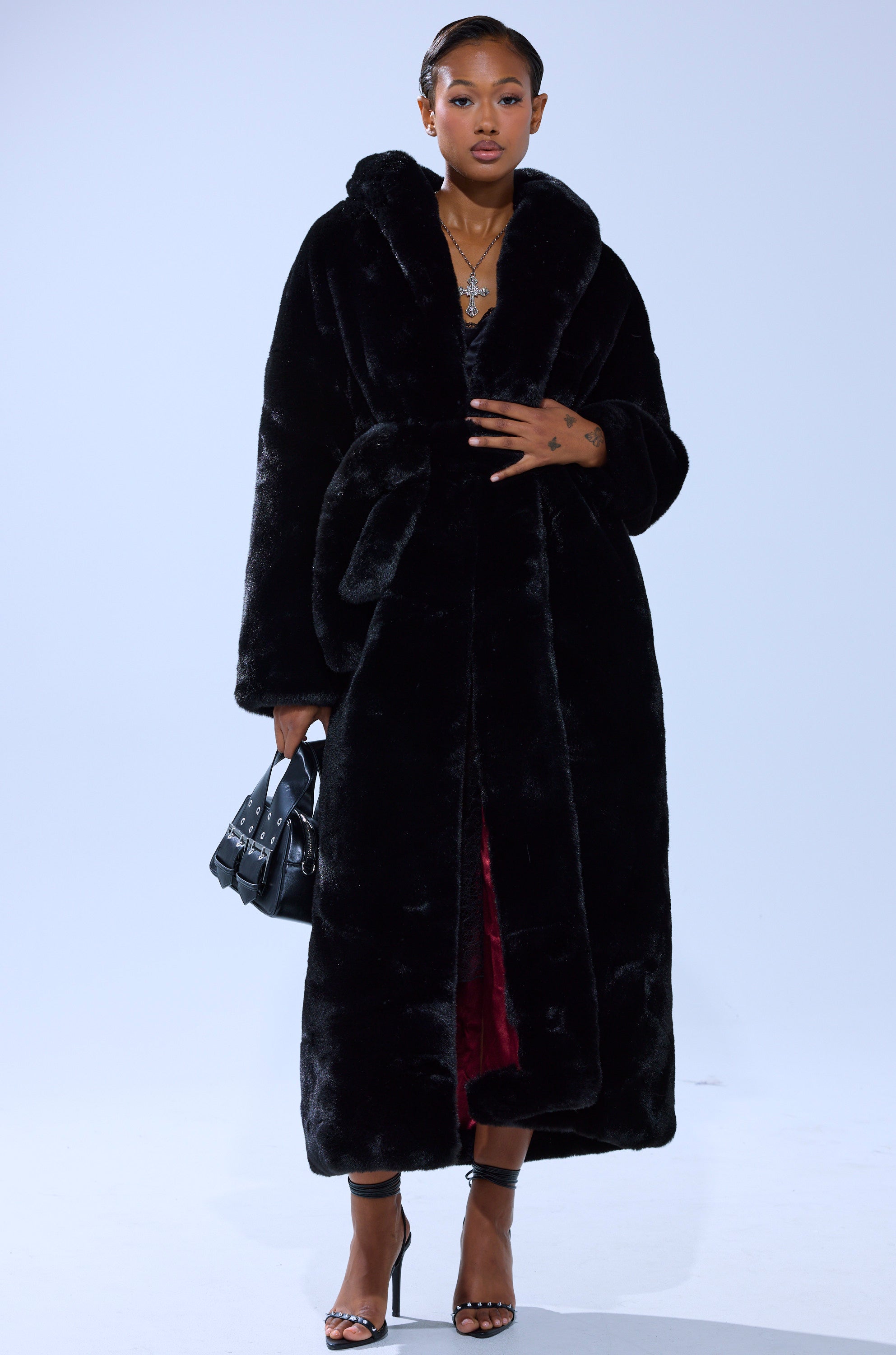 DAYANNE LONG SATIN LINING FAUX FUR TRENCH COAT