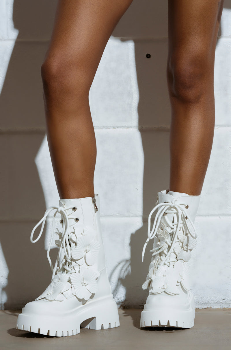 AZALEA WANG DEVOIR WHITE FLOWER EMBELLISHED COMBAT BOOTIE