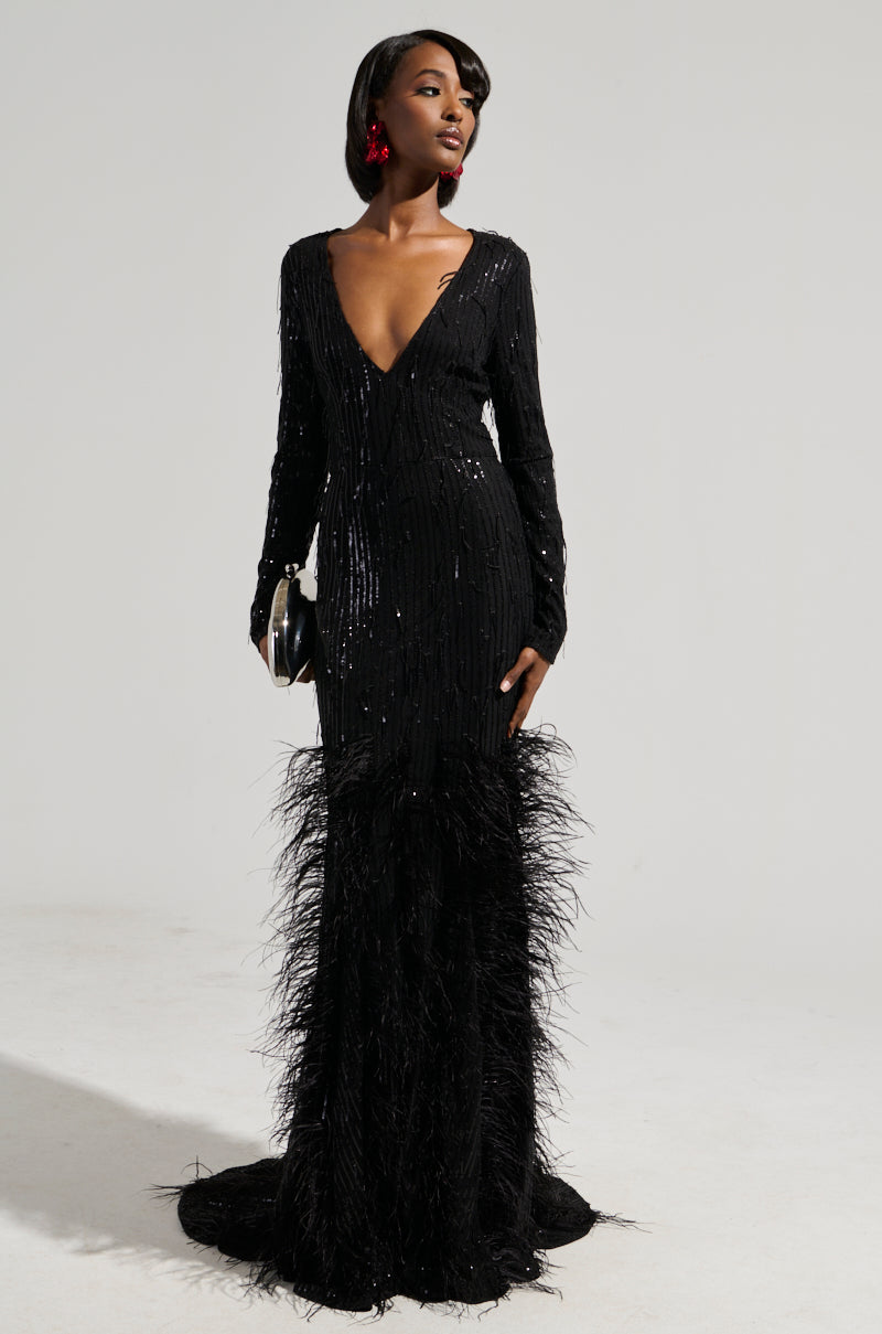 YOURS TRULY FEATHER SEQUIN EMBELLISHED MAXI DRESS