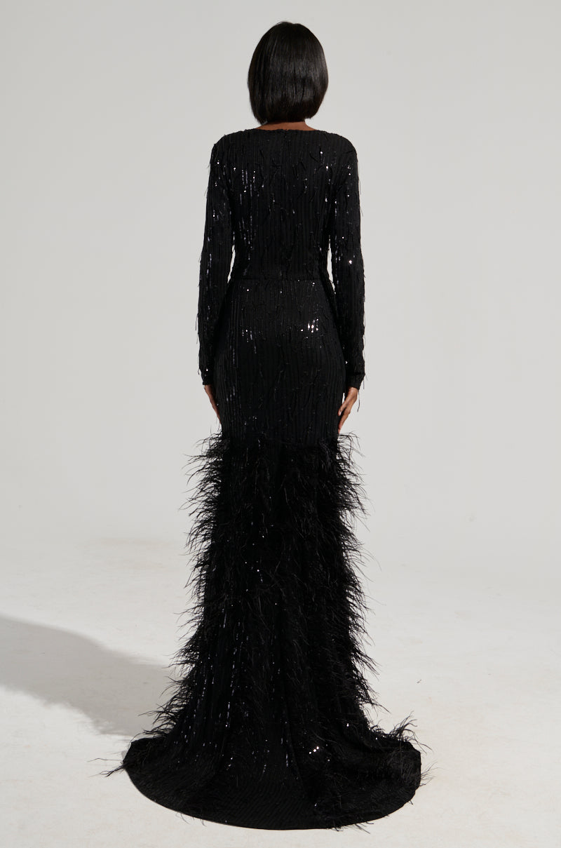 YOURS TRULY FEATHER SEQUIN EMBELLISHED MAXI DRESS