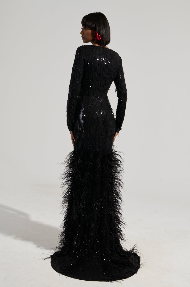 YOURS TRULY FEATHER SEQUIN EMBELLISHED MAXI DRESS