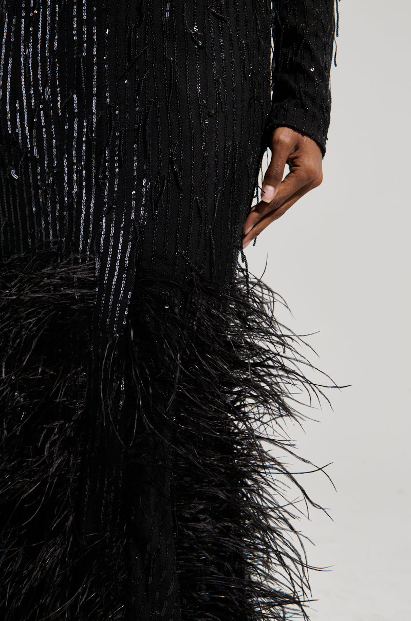 YOURS TRULY FEATHER SEQUIN EMBELLISHED MAXI DRESS