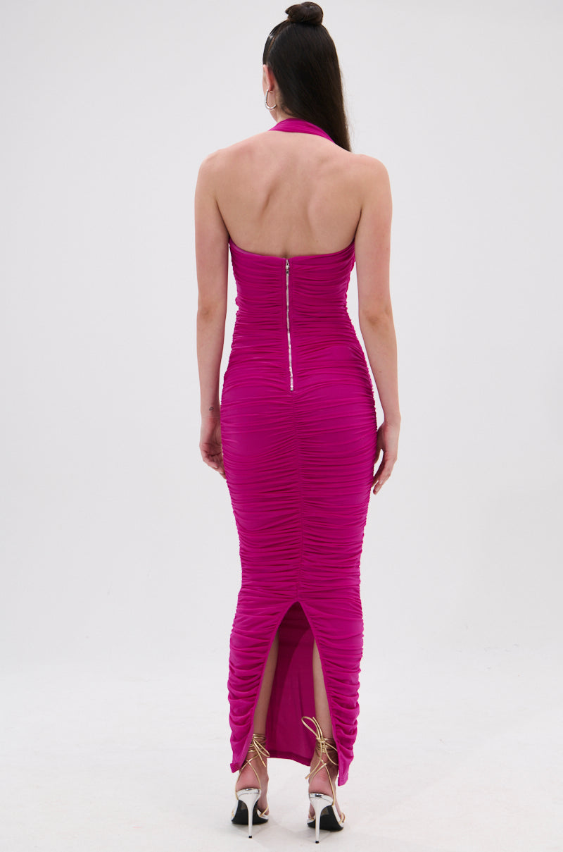 ALWAYS ON THE MOVE RUCHED MIDI DRESS