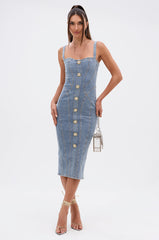 AMRATA DENIM MIDI DRESS WITH GOLD BUTTONS