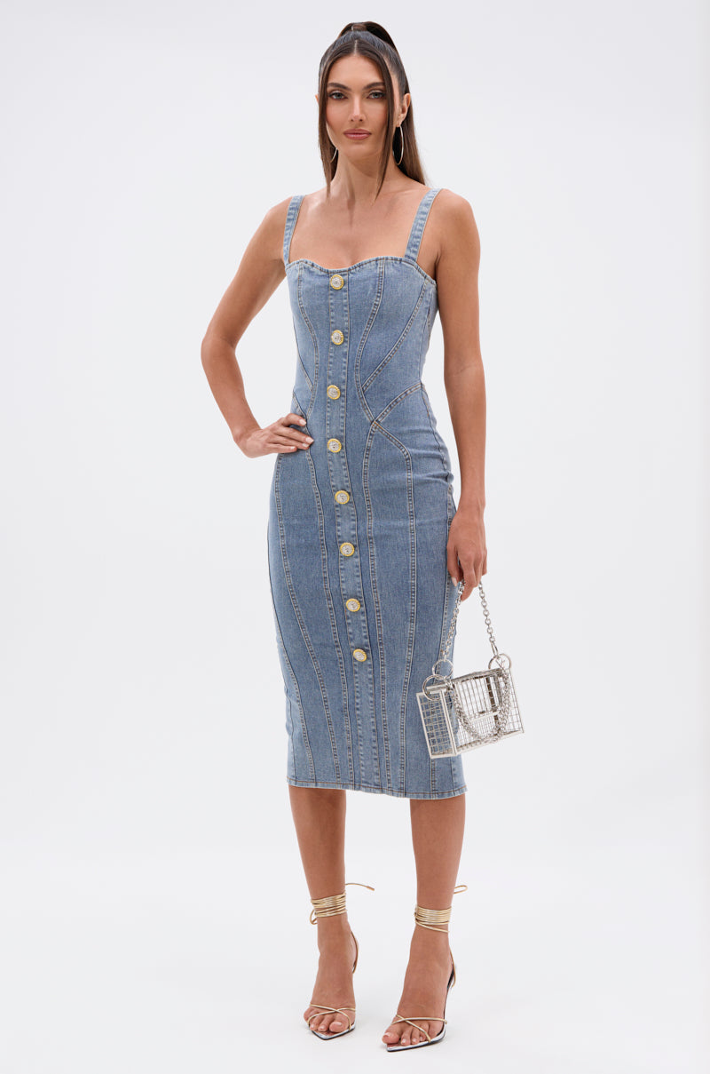 AMRATA DENIM MIDI DRESS WITH GOLD BUTTONS