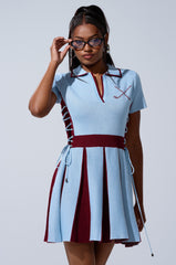 DREKE KNIT MINI DRESS IN BLUE AND BURGUNDY