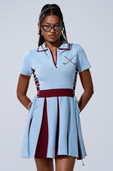 DREKE KNIT MINI DRESS IN BLUE AND BURGUNDY