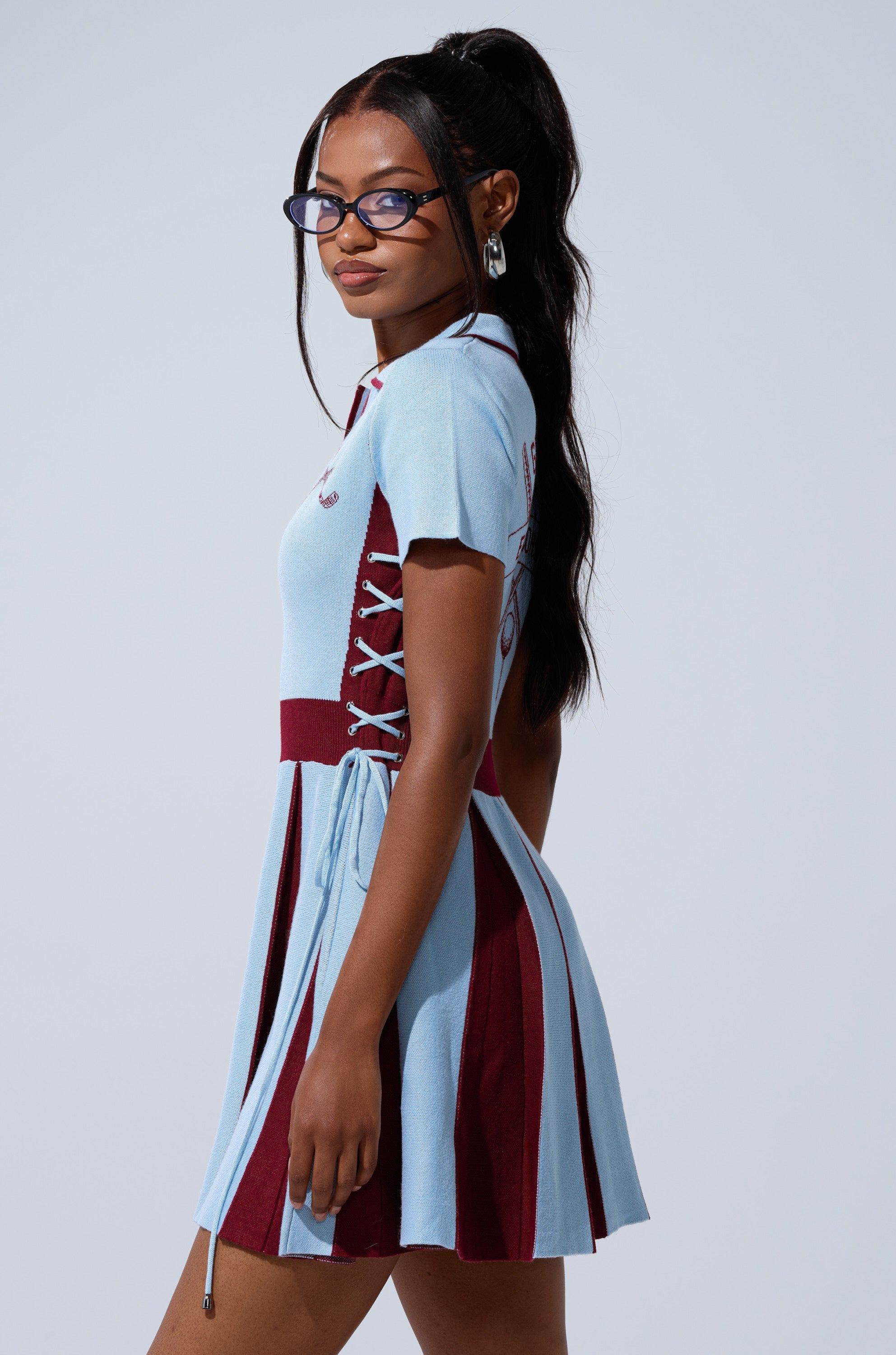 DREKE KNIT MINI DRESS IN BLUE AND BURGUNDY