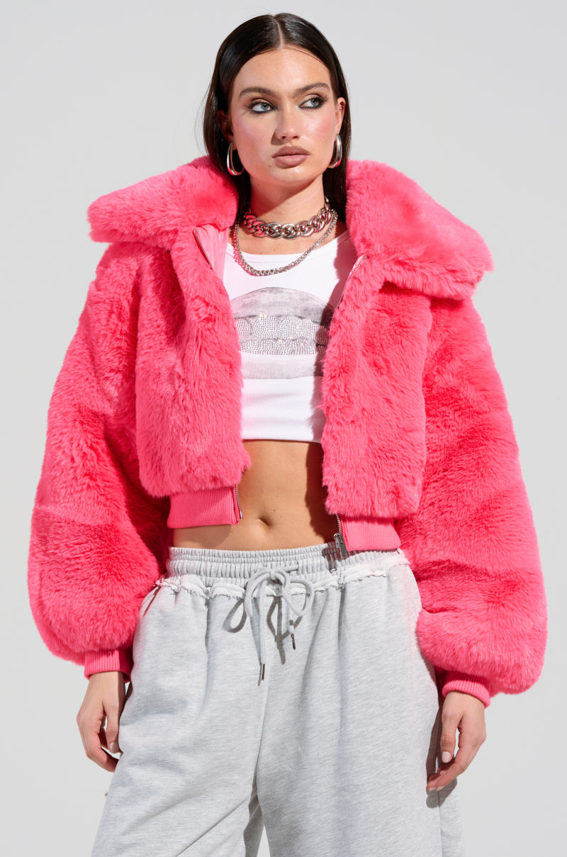 DREW FAUX FUR BOMBER IN HOT PINK