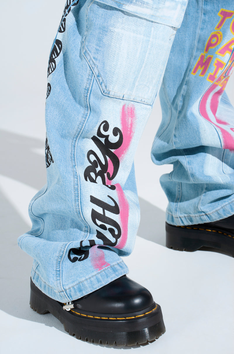 FIRST CLASS TICKET GRAPHIC CARGO RELAXED LEG JEANS