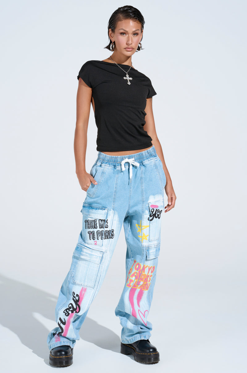 FIRST CLASS TICKET GRAPHIC CARGO RELAXED LEG JEANS