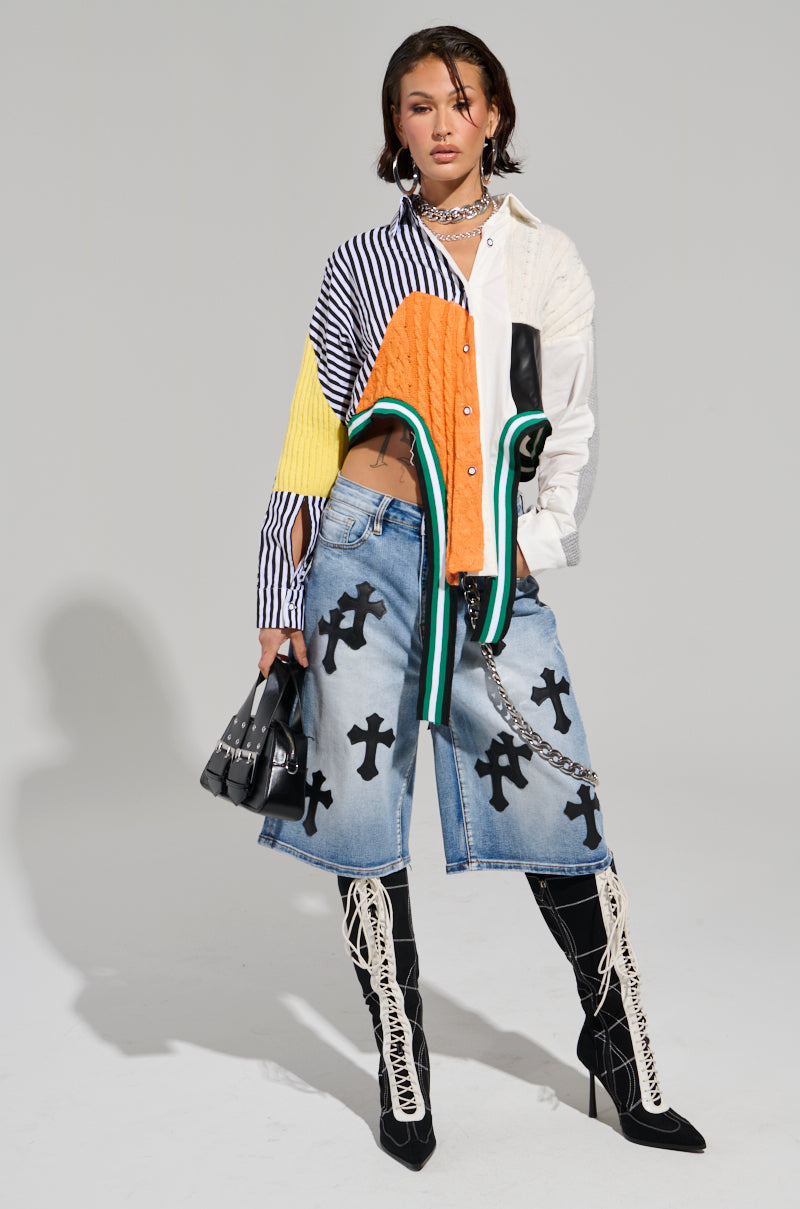 NEVER SEE YOU AGAIN BUTTON DOWN COLOR BLOCK SHIRT