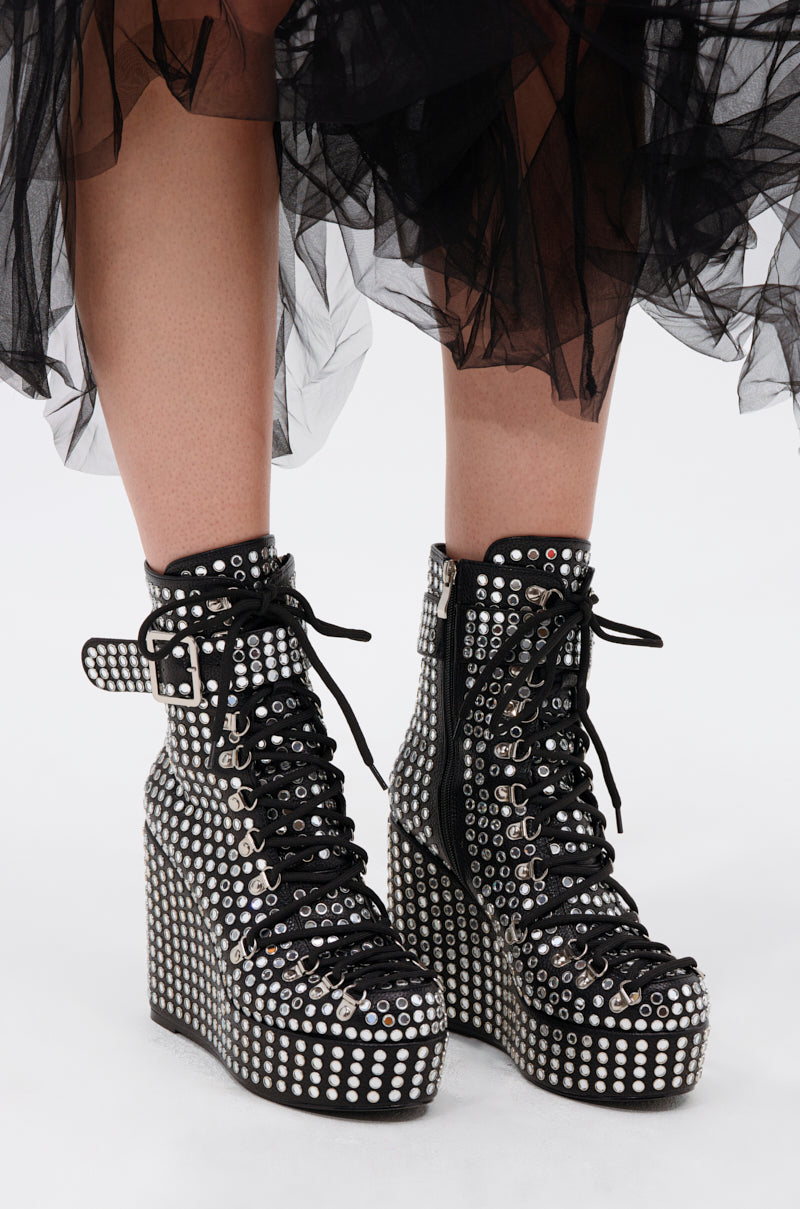 AZALEA WANG FERDY BLACK PLATFORM EMBELLISHED BOOTIE