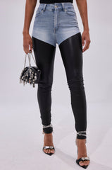 FLEX FIT EXTREME STRETCH HIGH WAIST SKINNY JEANS WITH FAUX LEATHER