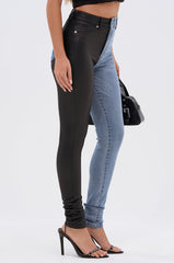 FLEX FIT EXTREME STRETCH HALF AND HALF PU HIGH WAIST SKINNY JEAN