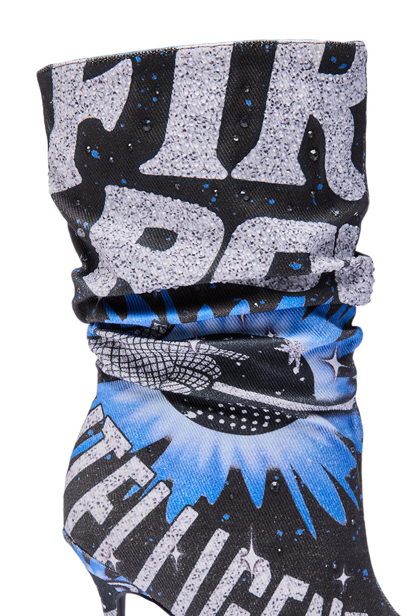 AKIRA GOLD FORMIDABLE BLACK MULTI ABSTRACT OPEN TOE BOOTIE