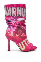 AKIRA GOLD FORMIDABLE PINK MULTI ABSTRACT OPEN TOE BOOTIE