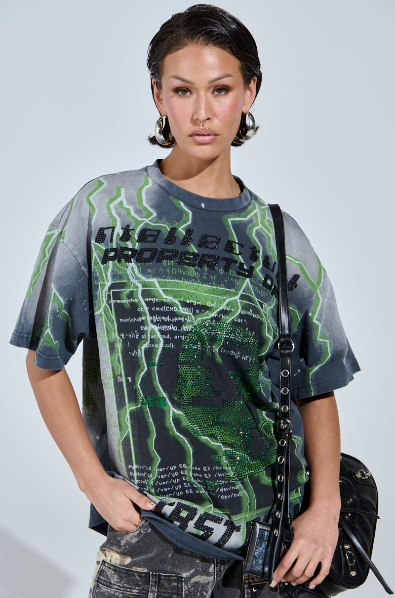 FIRST ONE HERE OVERSIZED GRAPHIC TEE