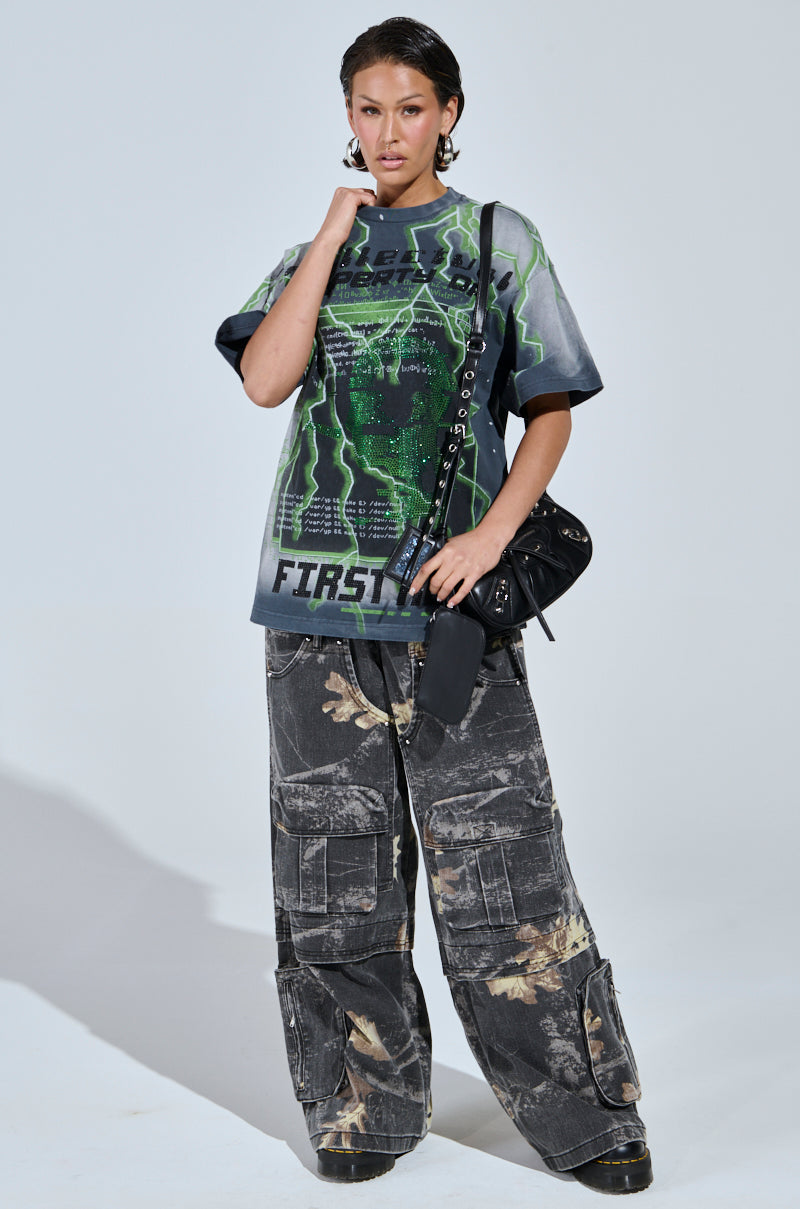 FIRST ONE HERE OVERSIZED GRAPHIC TEE