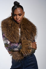 GISELE FUR TRIM MOTO IN BROCADE