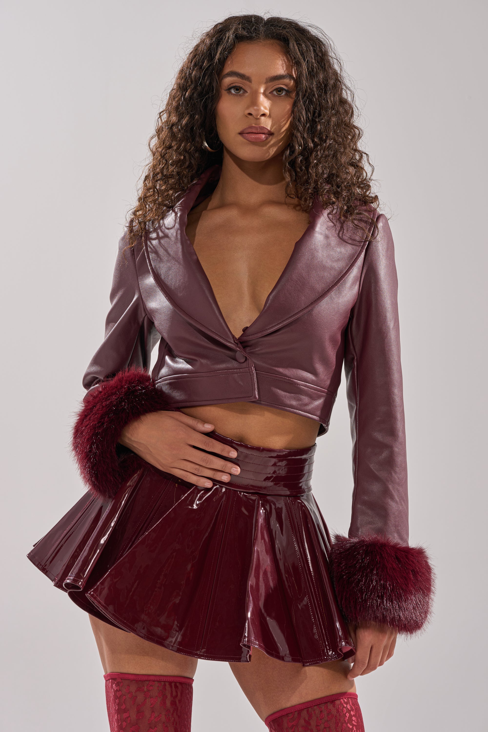 GISELE FUR TRIM MOTO IN BURGUNDY