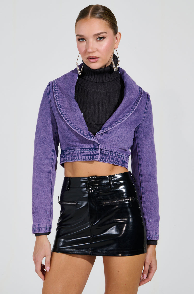GISELE CROPPED FUR TRIM DENIM JACKET IN PURPLE