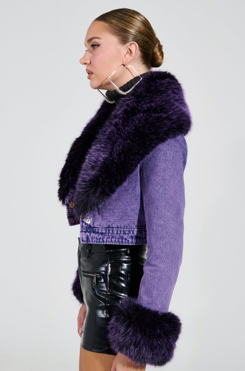 GISELE CROPPED FUR TRIM DENIM JACKET IN PURPLE