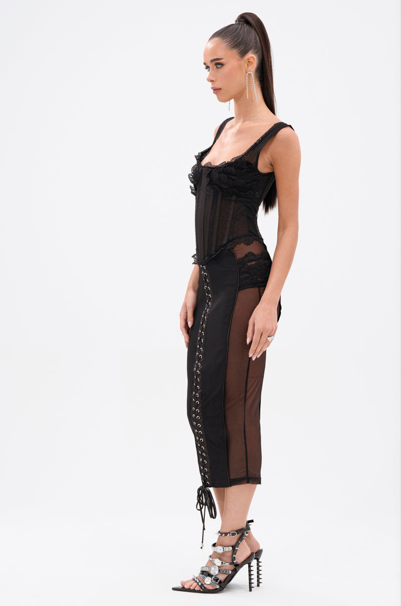 LET ME REMIND YOU LACE UP MESH MIDI DRESS