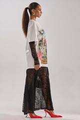 GIRLY BUT NOT LAYERED LACE MIDI DRESS WITH GRAPHIC