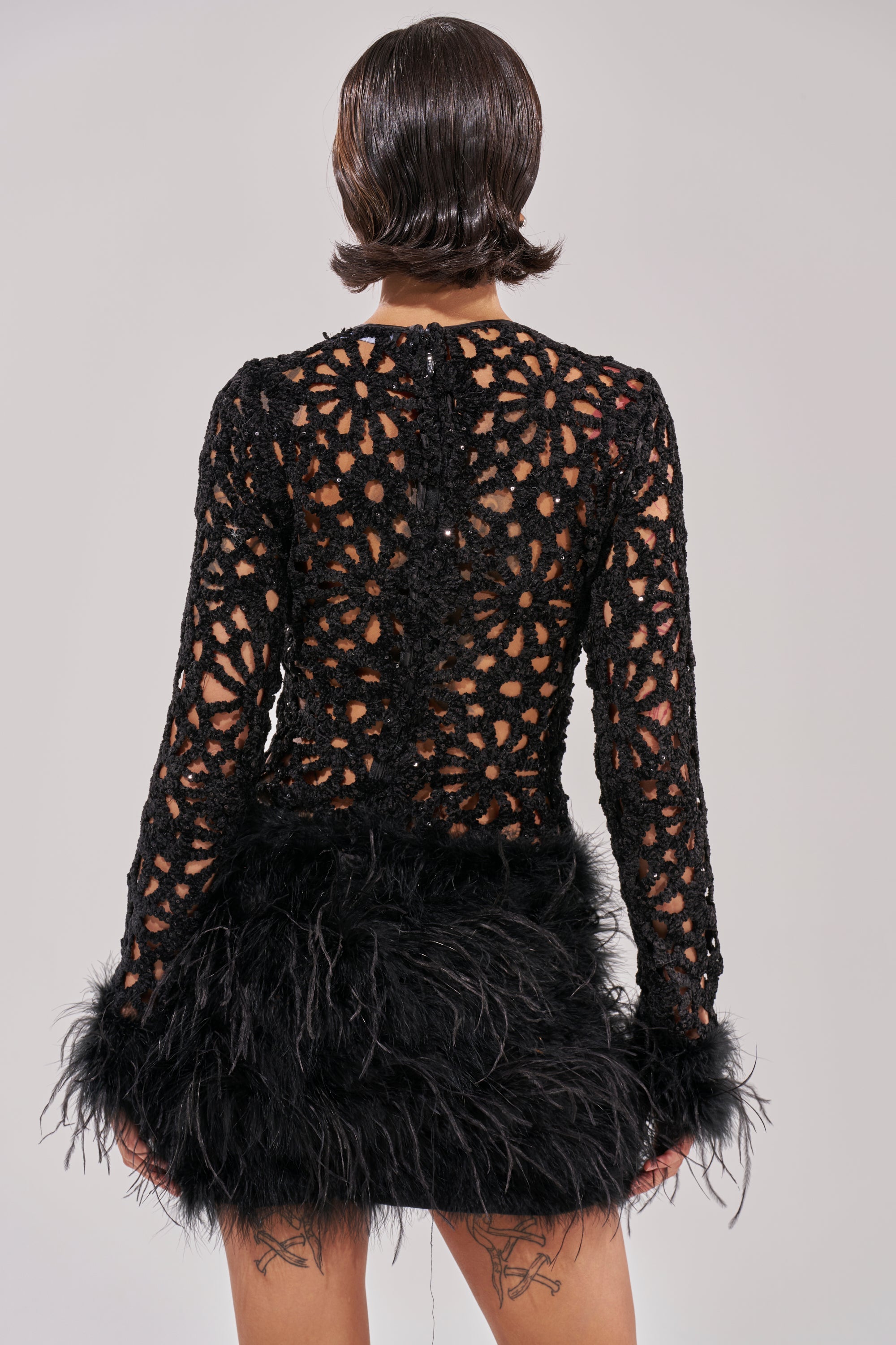 WHO ME? KNIT CROCHET MINI DRESS WITH FEATHERS