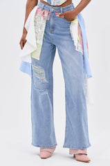 LET THE FUN BEGIN DENIM PANT WITH PLAID DETAILS