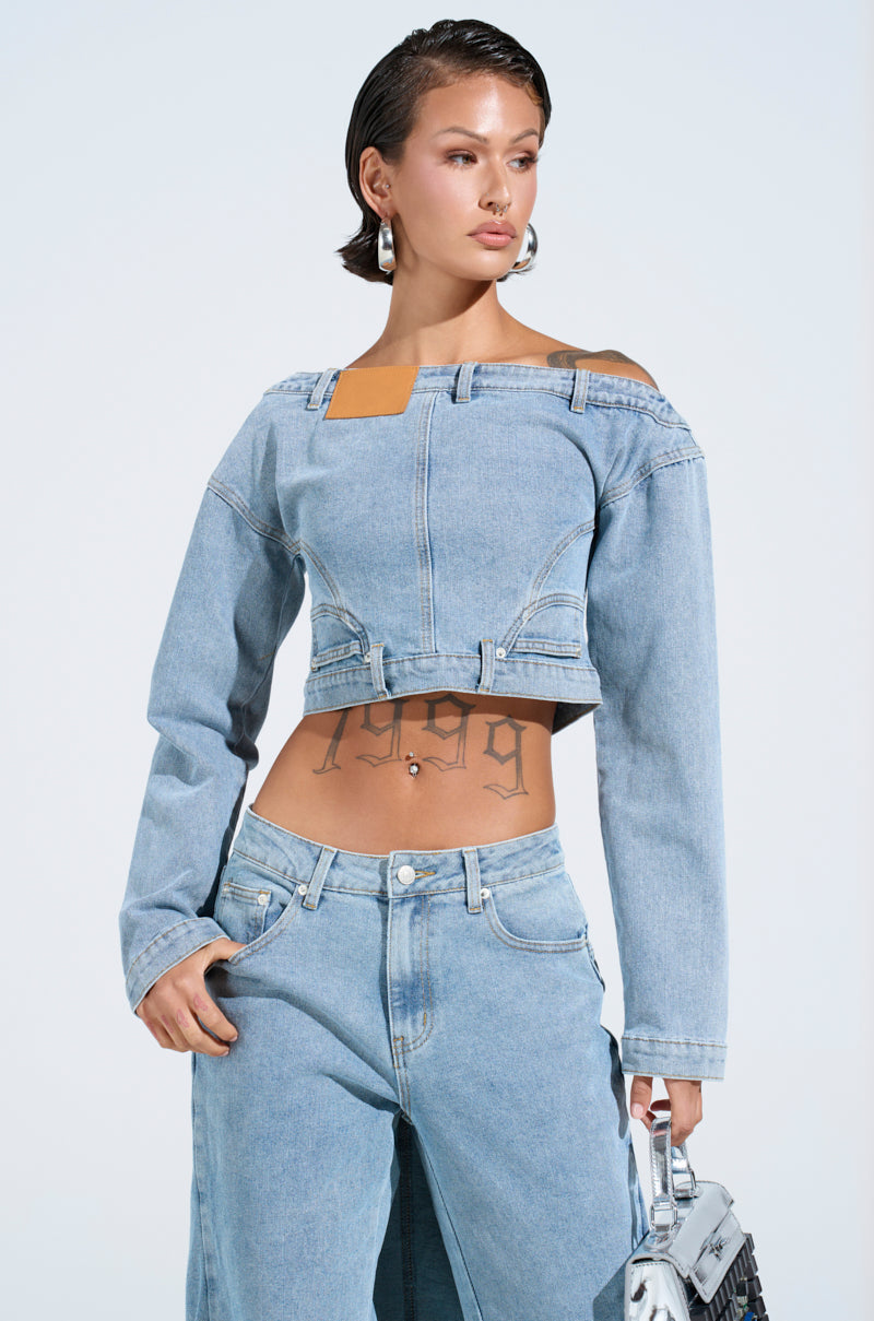 SHAKE IT OFF DENIM OFF THE SHOULDER TOP