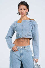 SHAKE IT OFF DENIM OFF THE SHOULDER TOP