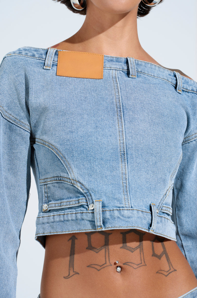 SHAKE IT OFF DENIM OFF THE SHOULDER TOP