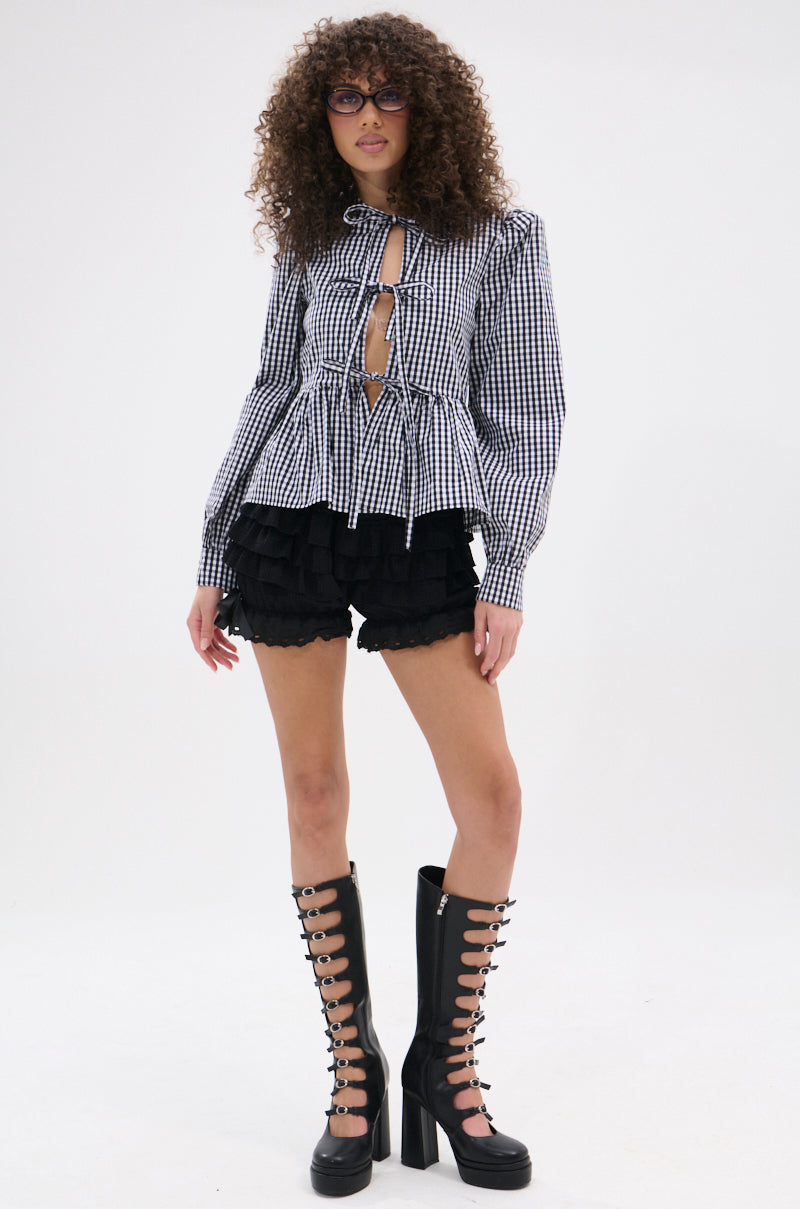 LOTS OF LOVE TO GIVE GINGHAM TIE FRONT BLOUSE
