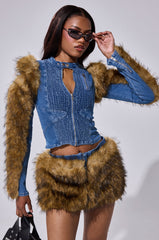 KENDRA FUR TRIM DENIM TOP