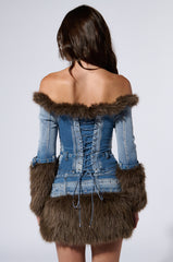 FRANCESCA FUR TRIM OFF SHOULDER DENIM TOP