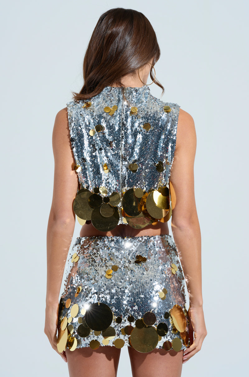 GROOVY NIGHTS SLEEVELESS SEQUIN MOCK NECK TOP