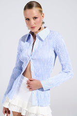 BABY BLUE PINSTRIPE RUCHED BUTTON DOWN