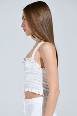 BABY DOLL RUCHED SATIN HALTER TOP IN WHITE