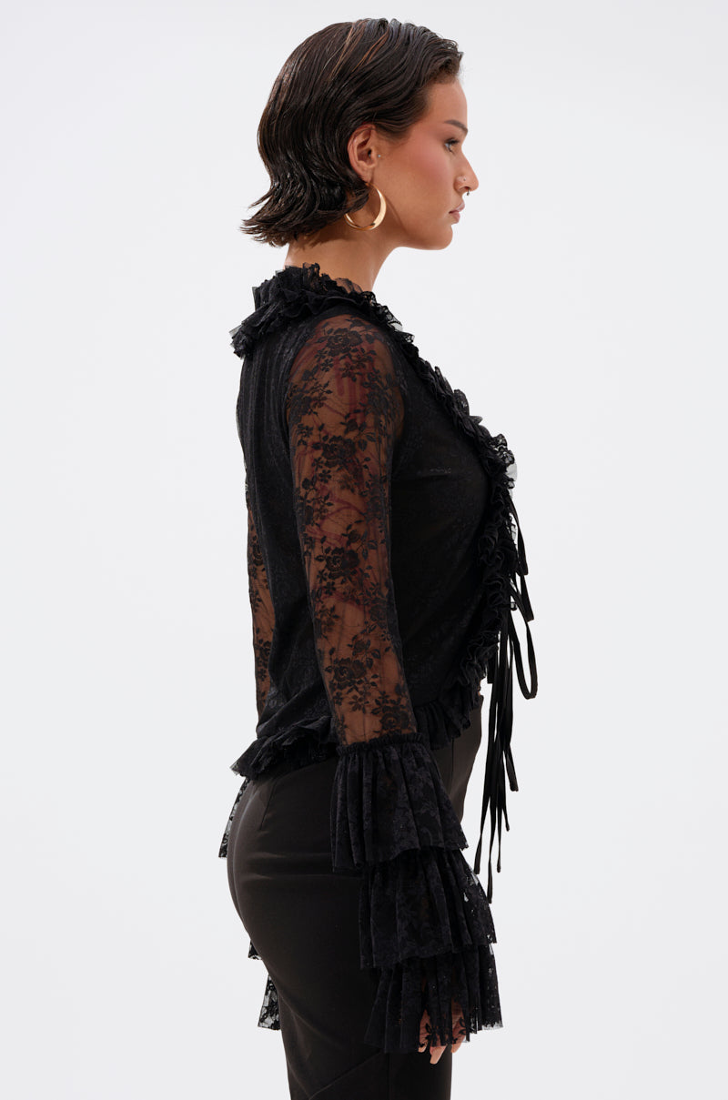AN ELEGANT AFFAIR RUFFLE LACE BLOUSE IN BLACK