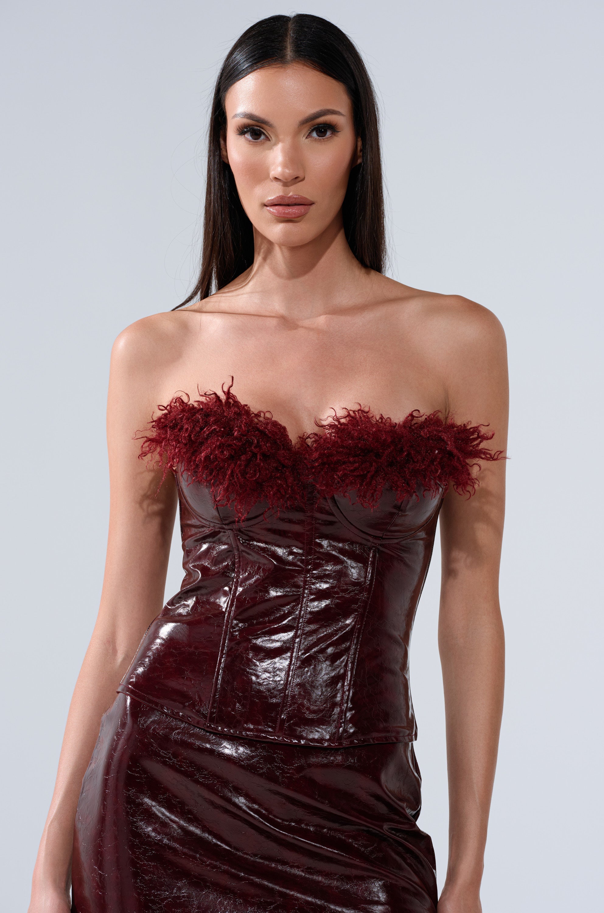 IM YOUR WEAKNESS FAUX LEATHER CORSET WITH FUR