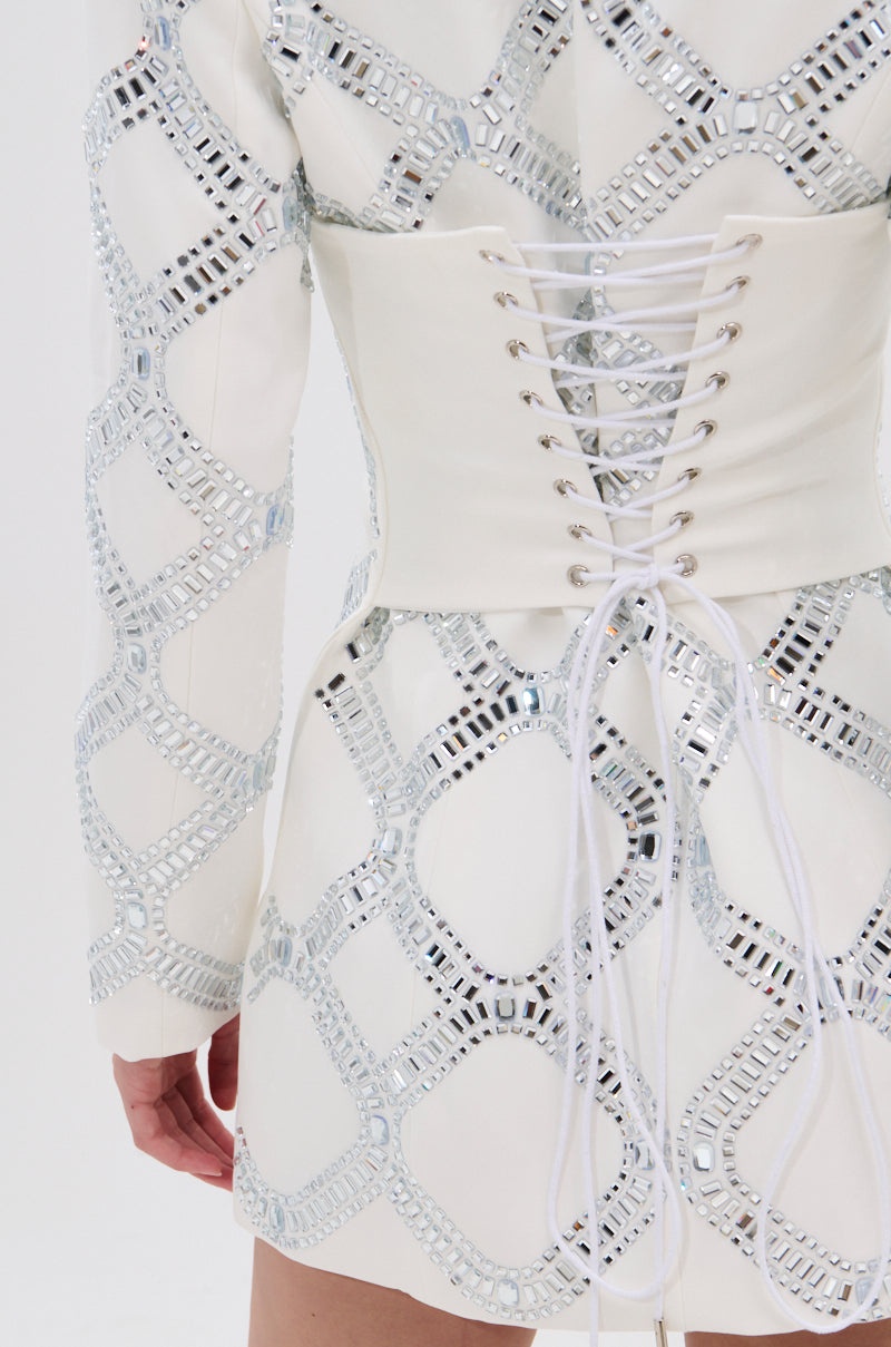LOOK AT ME RHINESTONE BLAZER DRESS IN WHITE