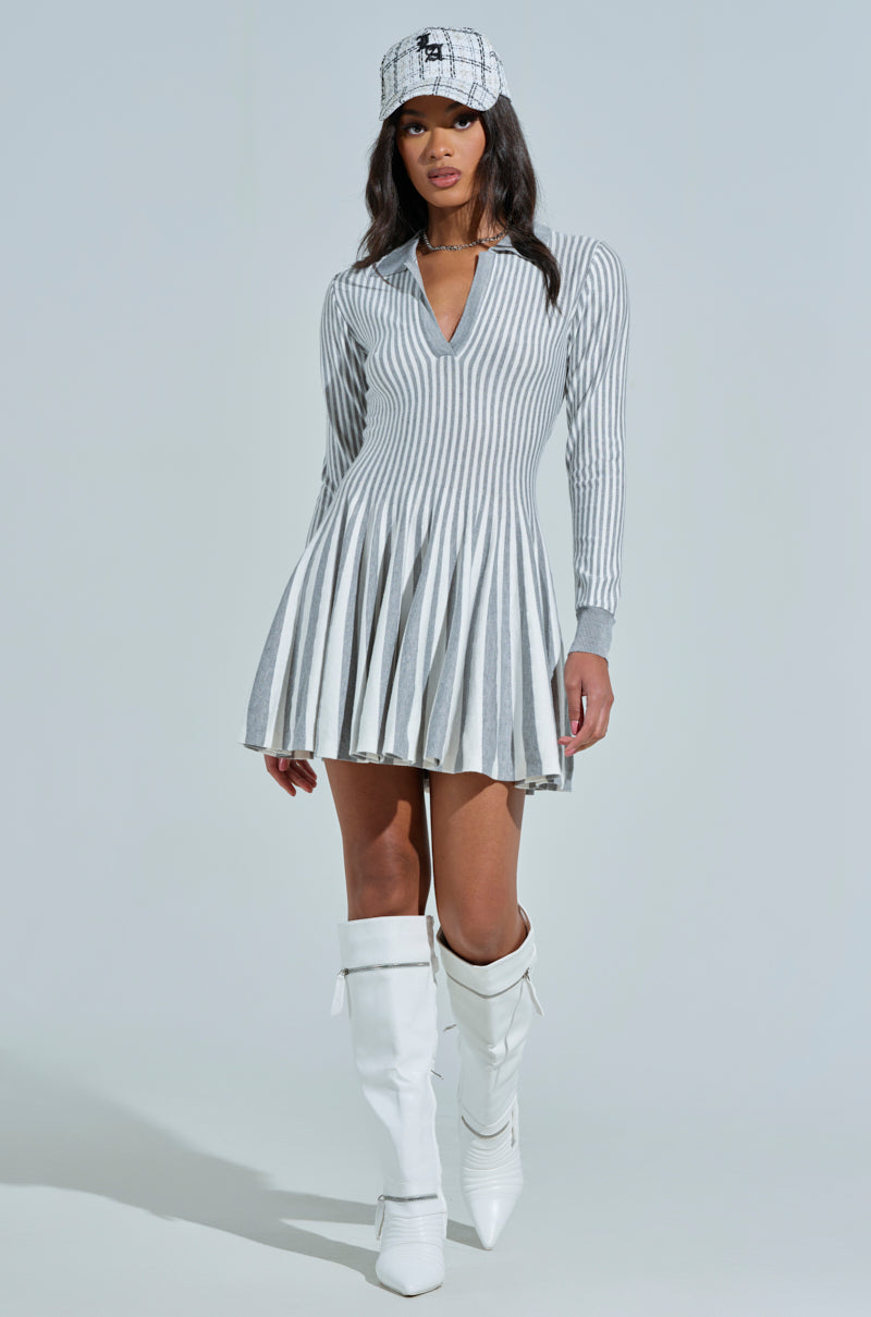 ALINA PLEATED KNIT FIT AND FLARE MINI DRESS WITH LONG SLEEVES IN GREY MULTI